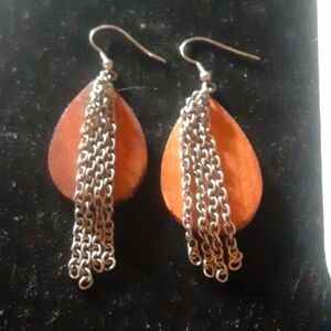 Elegant Silver Tone Chain and Brown Teardrop Earrings